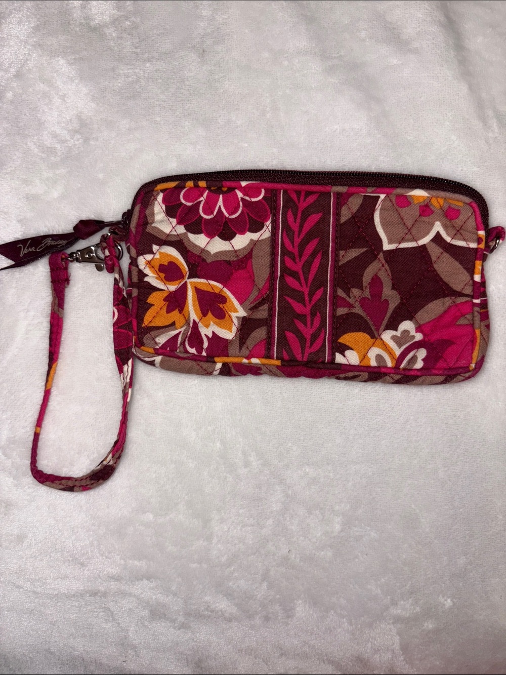 Vera Bradley Pink Magenta Floral Quilted Wristlet with Orange Accents